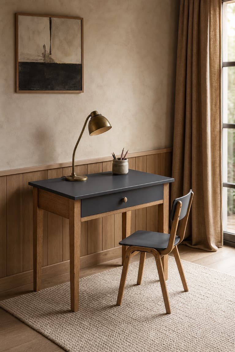 Bureau d’écolier en bois naturel et graphite dans un intérieur chaleureux haut de gamme