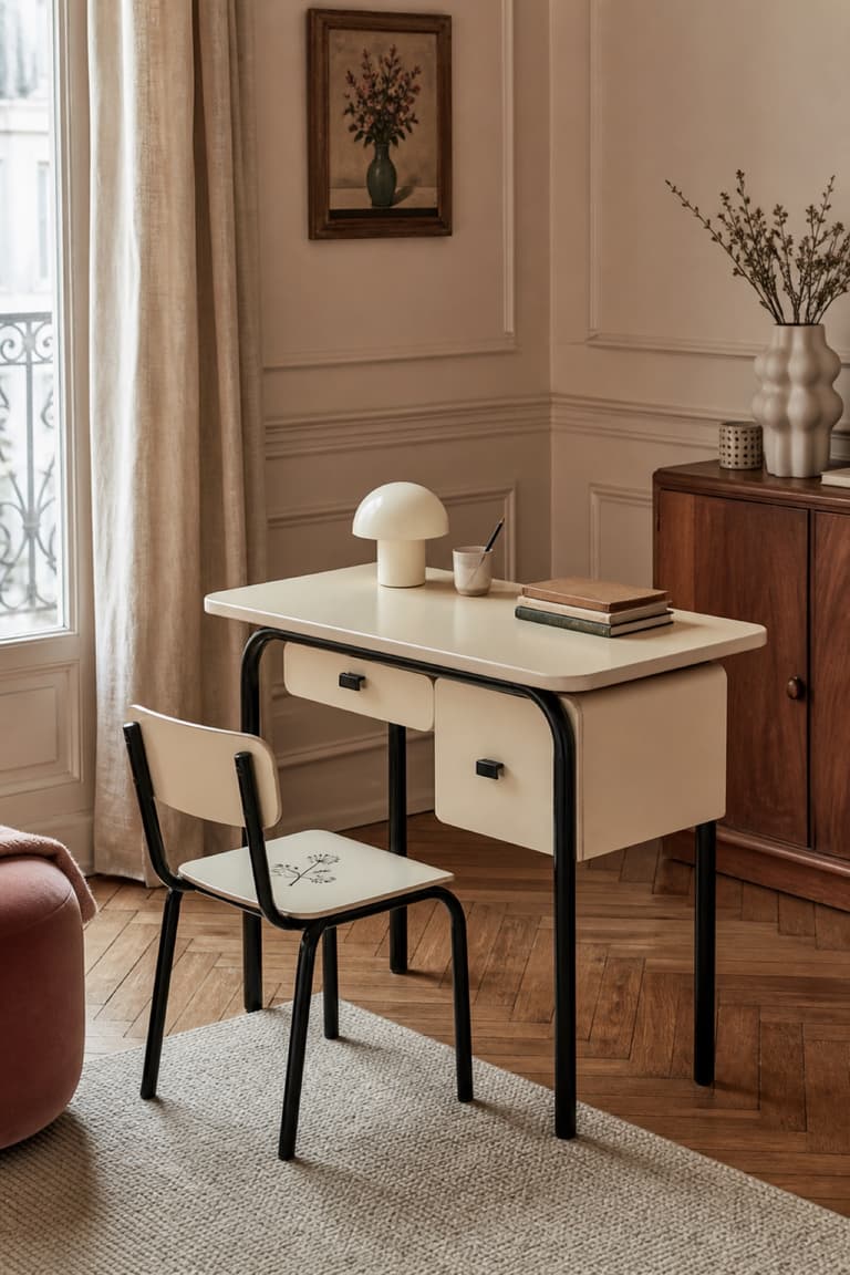 Bureau d’écolier relooké ivoire et noir dans une chambre parisienne aux murs moulurés