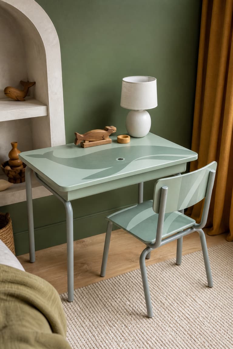 Bureau d’écolier vert menthe décoré d’un motif baleine ton sur ton dans une chambre design
