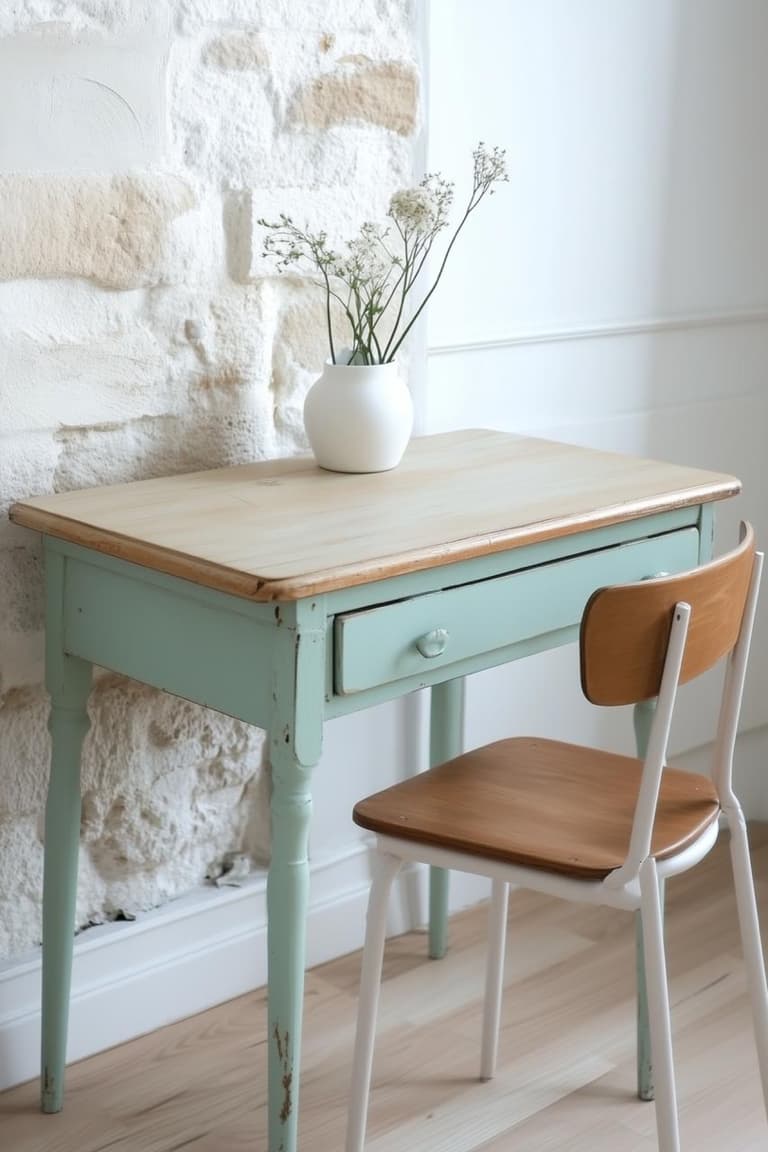 Bureau d’écolier relooké en vert menthe avec plateau en bois clair et chaise vintage