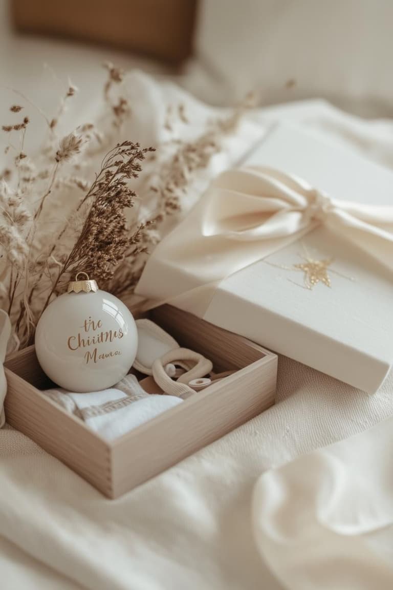 boîte cadeau blanche avec ruban, boule de Noël personnalisée et petit vêtement bébé dans un coffret en bois clair