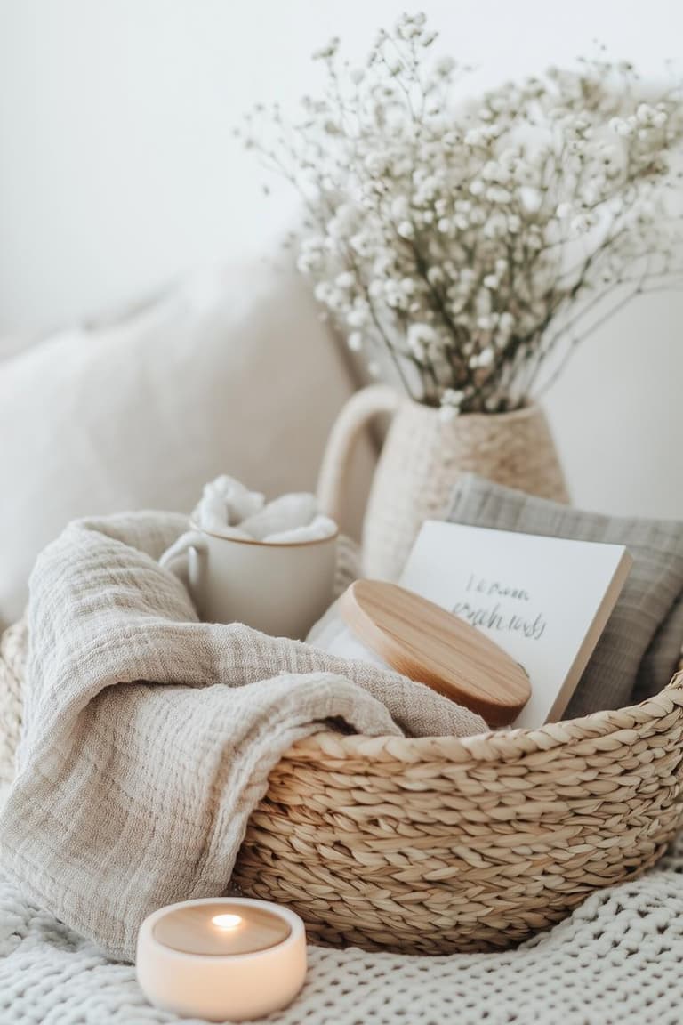 panier en fibres naturelles avec lange, fleurs séchées et boîte à souvenirs pour un cadeau de naissance ou de Noël bébé