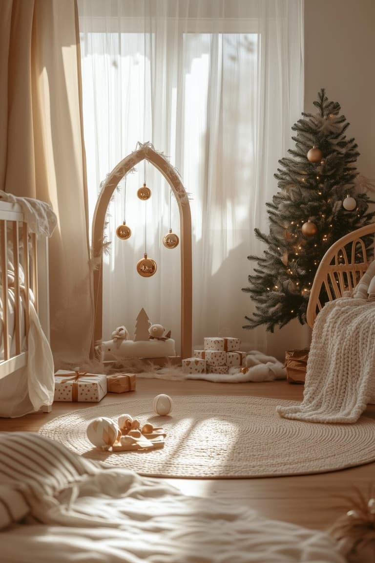 chambre de bébé décorée pour Noël avec sapin lumineux, mobile de boules dorées, tapis rond et cadeaux au sol
