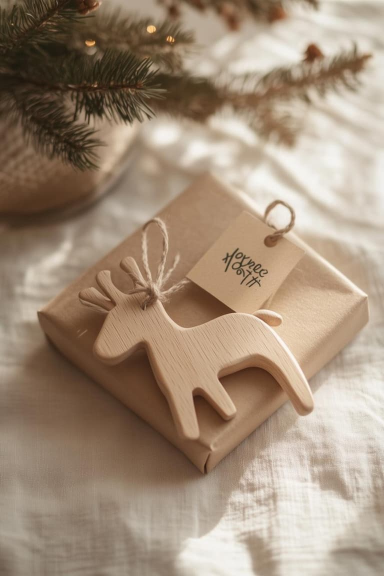 petit paquet cadeau kraft avec décoration en bois en forme de faon pour marquer le premier Noël de bébé