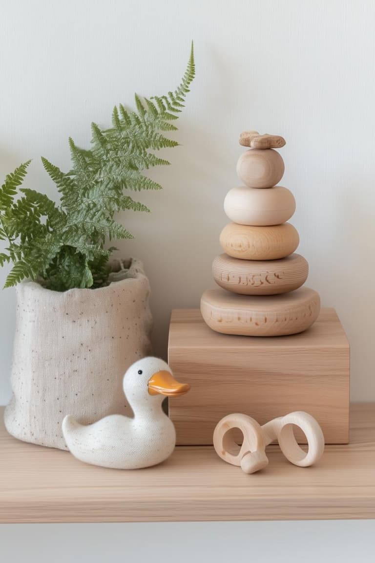 jouets en bois clair pour bébé avec tour à empiler, anneaux et petit canard sur une commode de chambre enfant
