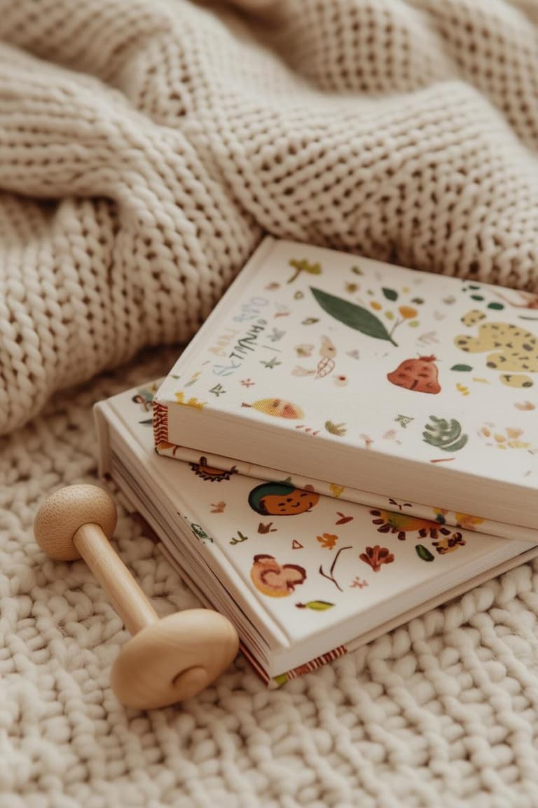 livres cartonnés illustrés posés sur un plaid en maille avec petit hochet en bois pour bébé