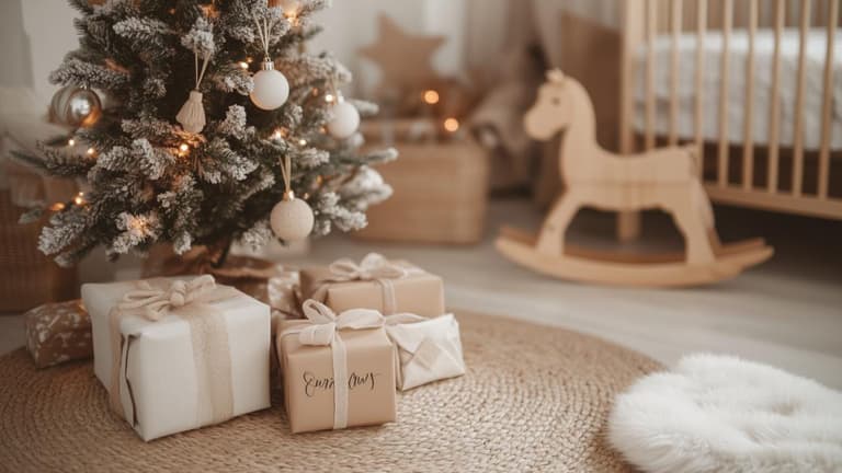 cadeau premier Noël bébé avec paquets personnalisés sous un sapin décoré, chambre douce et cheval à bascule en bois