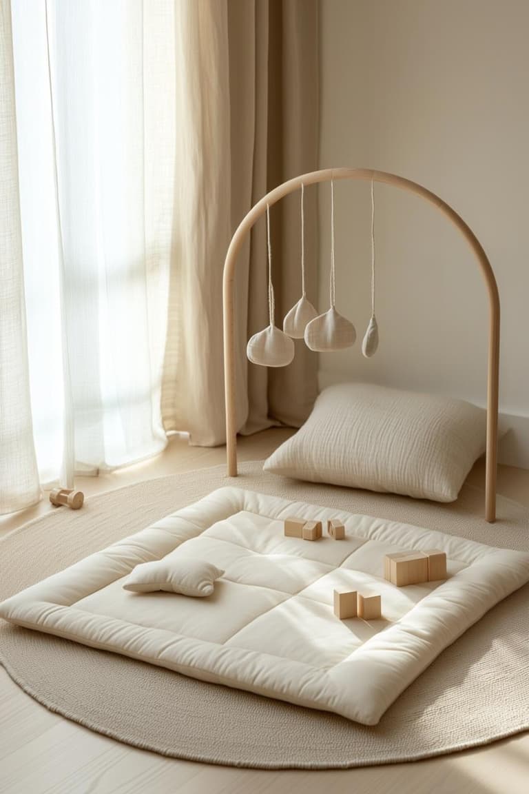 cadeau premier Noël bébé avec tapis moelleux, arche d’éveil en bois et jouets suspendus dans une chambre lumineuse aux tons naturels