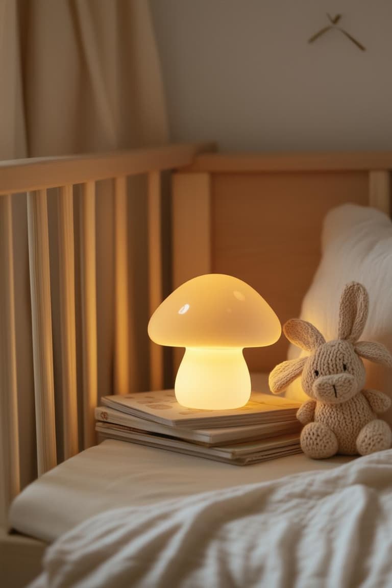 veilleuse champignon allumée sur une table de chevet près d’un lit bébé en bois et d’un doudou lapin