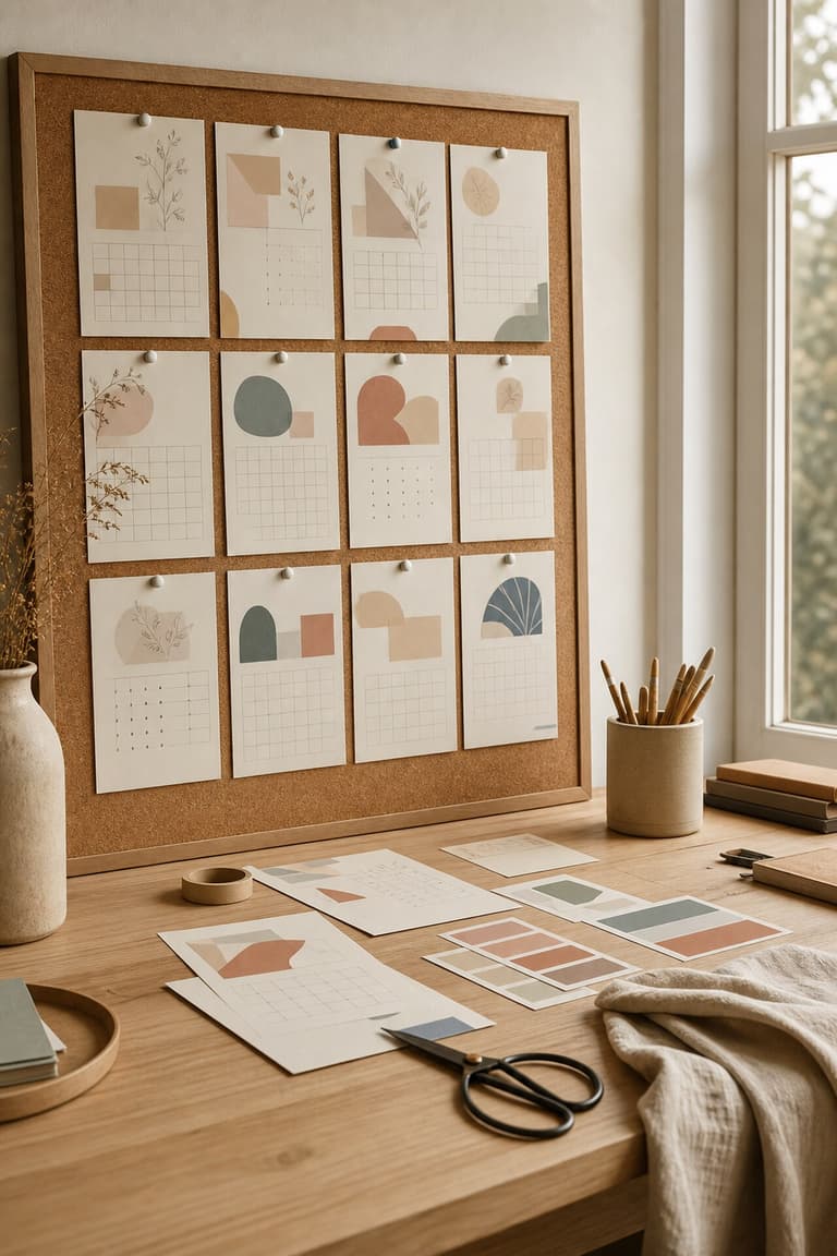 pages de calendrier DIY à imprimer présentées sur un panneau en liège dans un atelier créatif