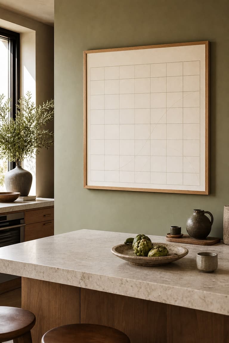 grand calendrier mural familial encadré de bois dans une cuisine contemporaine vert sauge