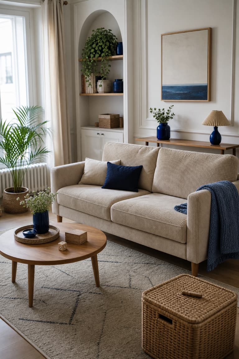 Canapé beige et table basse ronde dans un petit salon familial