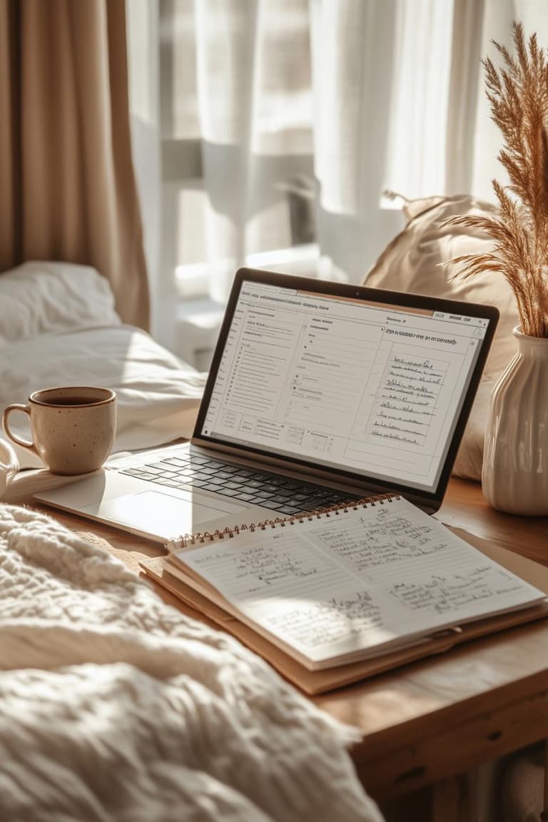 carnet de notes, ordinateur et tasse posés sur un plateau de lit dans une chambre claire aux matières naturelles