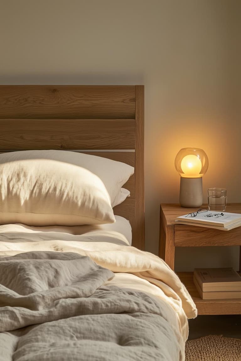 chambre chaleureuse avec tête de lit en bois, lampe de chevet et linge de lit naturel froissé