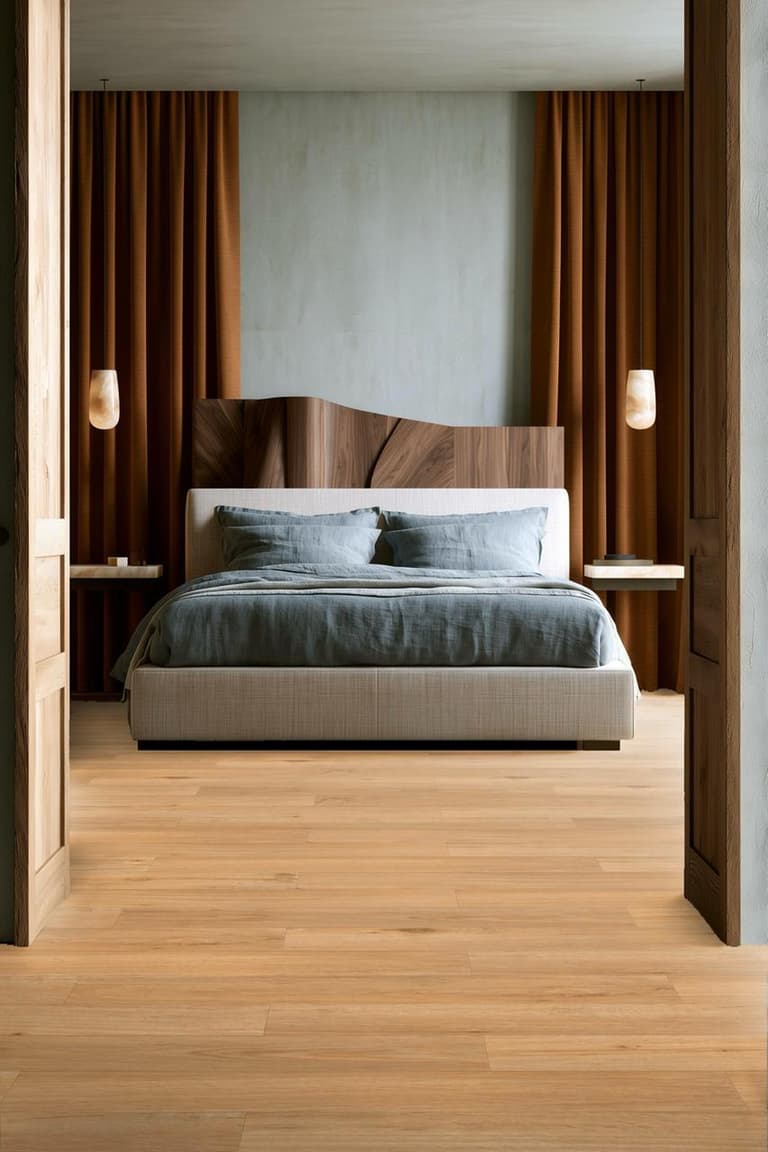 Chambre japandi avec tête de lit en bois ondulée, linge de lit vert sauge et suspensions