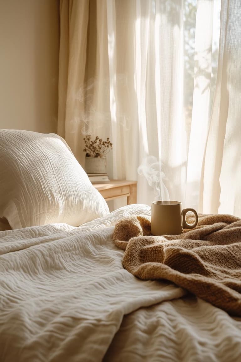linge de lit naturel blanc et plaid beige avec tasse chaude dans une chambre baignée de lumière
