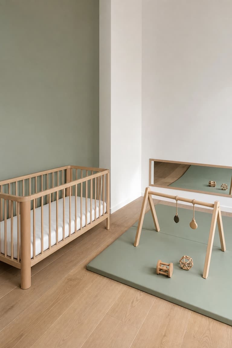 Lit à barreaux vide et coin d’éveil Montessori séparé avec tapis ferme, portique en bois et miroir de sécurité fixé au mur.