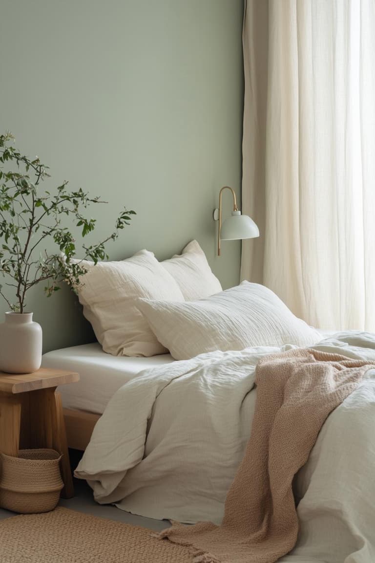 chambre apaisante avec mur vert sauge, literie naturelle écrue, plaid beige et chevet en bois clair
