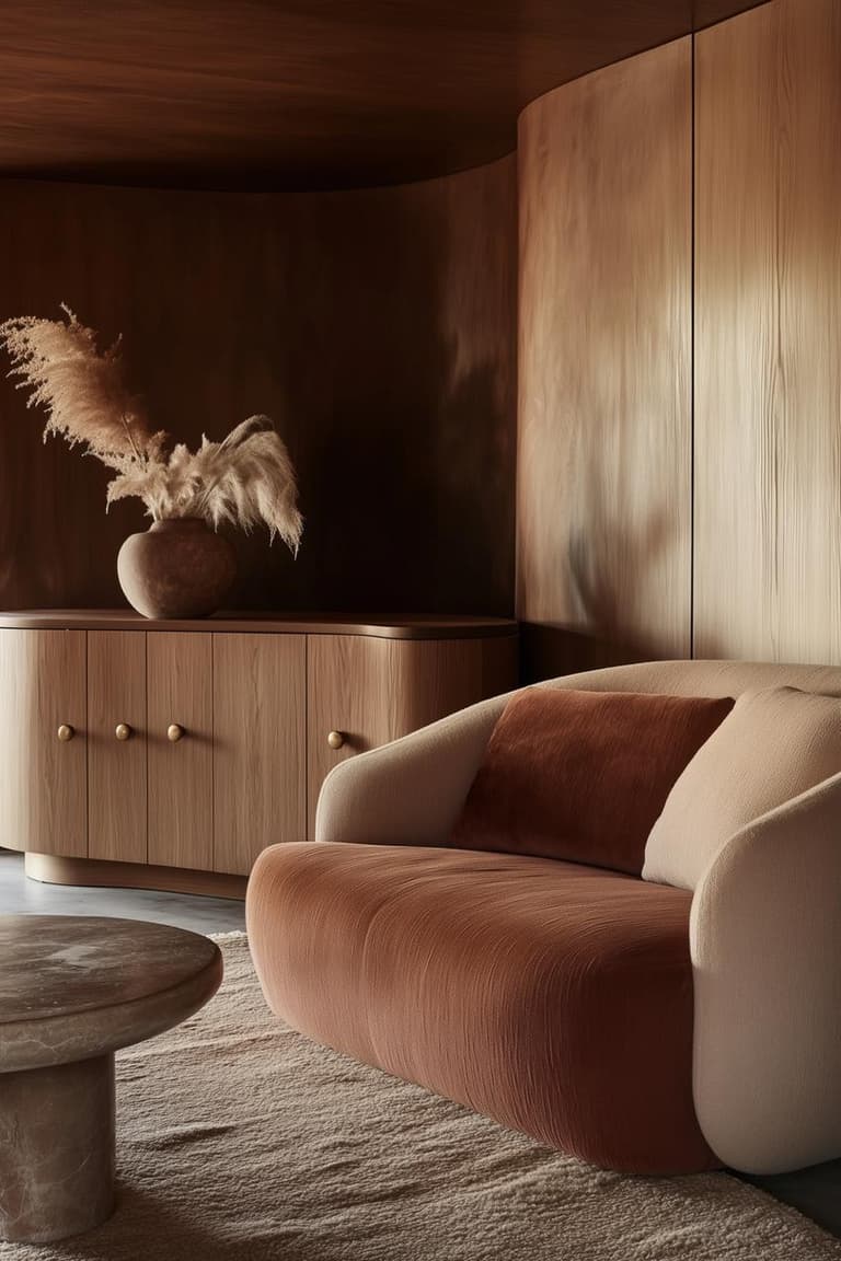 buffet en bois aux lignes courbes dans un salon contemporain avec canapé terracotta, vase en céramique et table basse en pierre