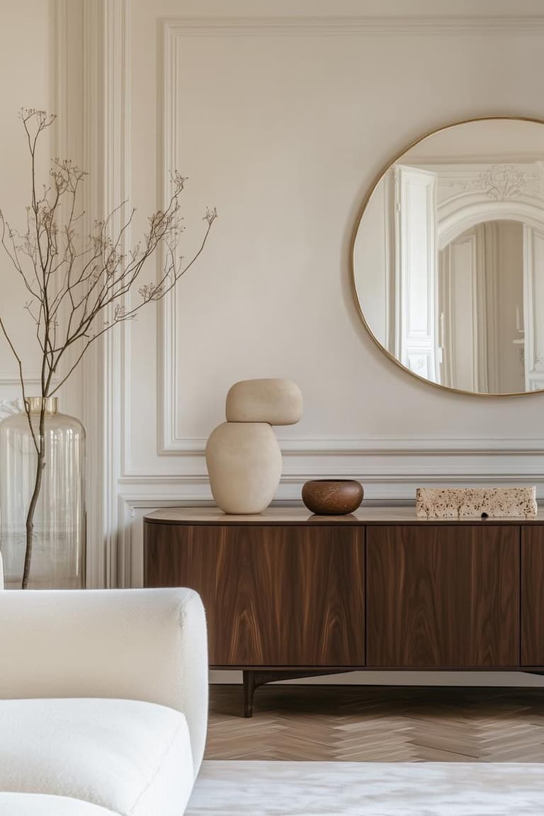 enfilade en bois foncé sous un miroir rond dans un salon élégant avec moulures, vase en verre et objets sculpturaux
