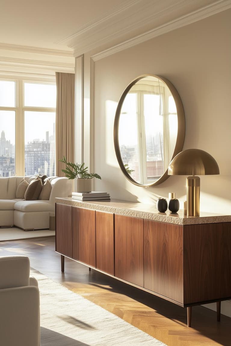 enfilade en bois avec plateau en travertin, grand miroir rond et lampe dorée dans un salon lumineux aux moulures classiques