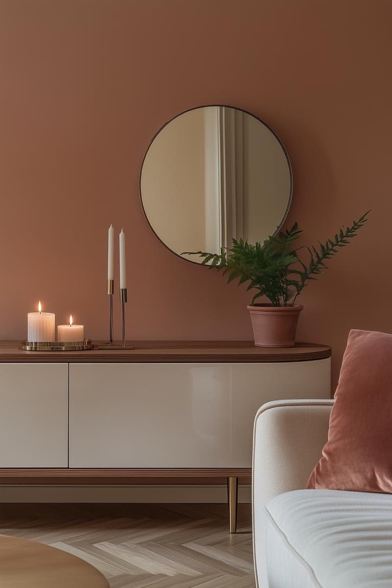 buffet bas clair avec plateau bois, miroir rond, bougies et plante verte devant un mur terracotta