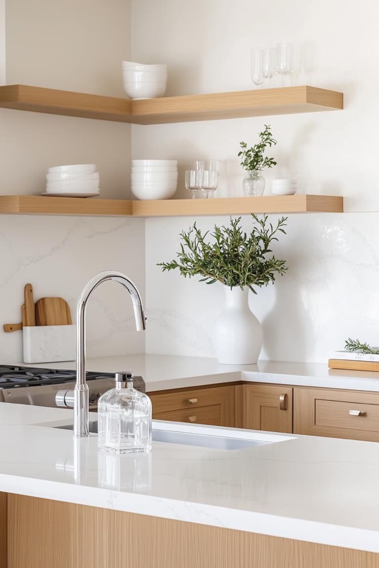 cuisine étroite blanche et bois avec plan de travail clair, évier sous plan, étagères ouvertes et vaisselle blanche
