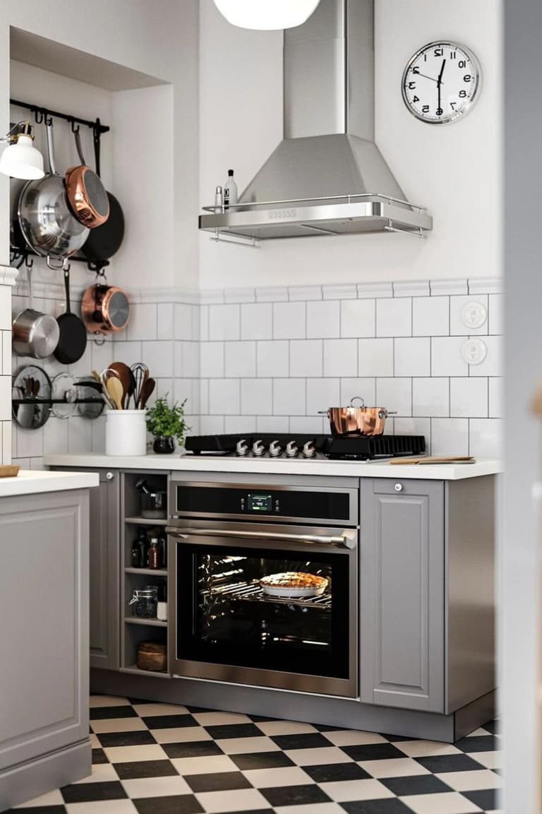 Cuisine grise classique avec plan de travail clair, crédence métro blanche et piano de cuisson