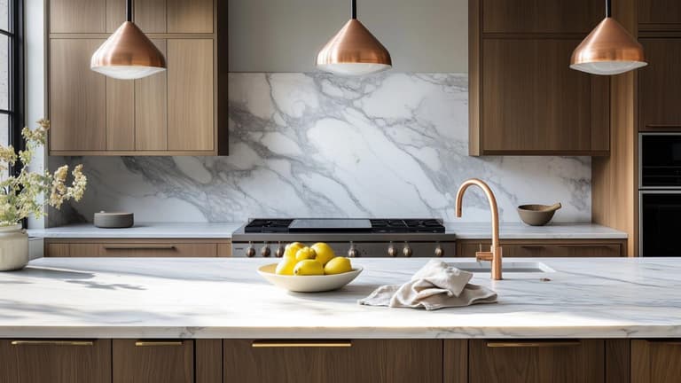 cuisine étroite lumineuse avec meubles en bois, plan de travail effet marbre blanc, suspensions cuivre et robinet assorti