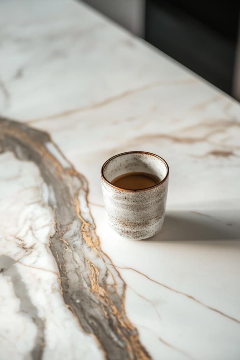 tasse de café posée sur un plan de travail blanc veiné de gris et de doré, avec lumière douce