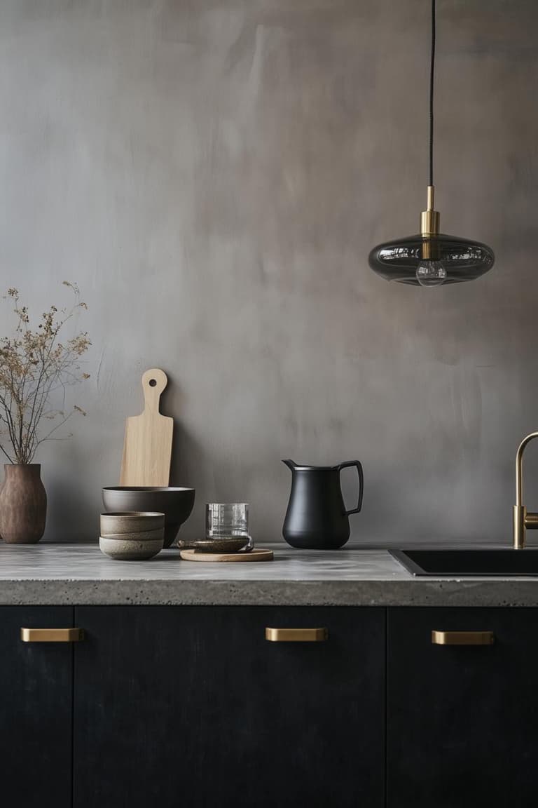 cuisine étroite graphique avec plan de travail gris foncé, façades noires, poignées en laiton et suspension fumée