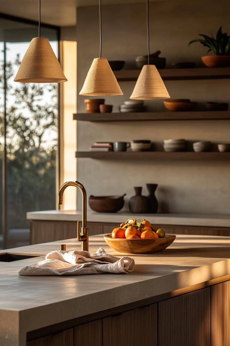 îlot de cuisine étroite avec plan clair, façades en bois, robinet doré, coupe de fruits et lumière chaude