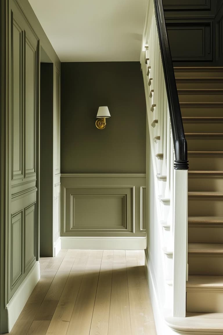couloir vert sauge avec soubassement mouluré, escalier peint et rampe noire