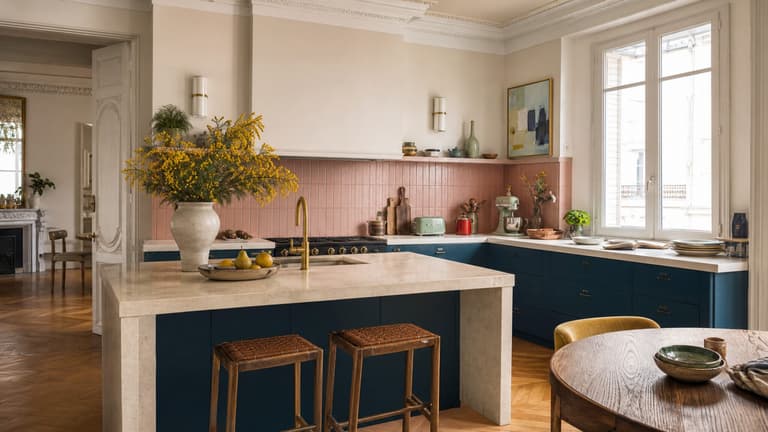 Cuisine parisienne aux meubles bleu pétrole, crédence rose poudré et accessoires colorés