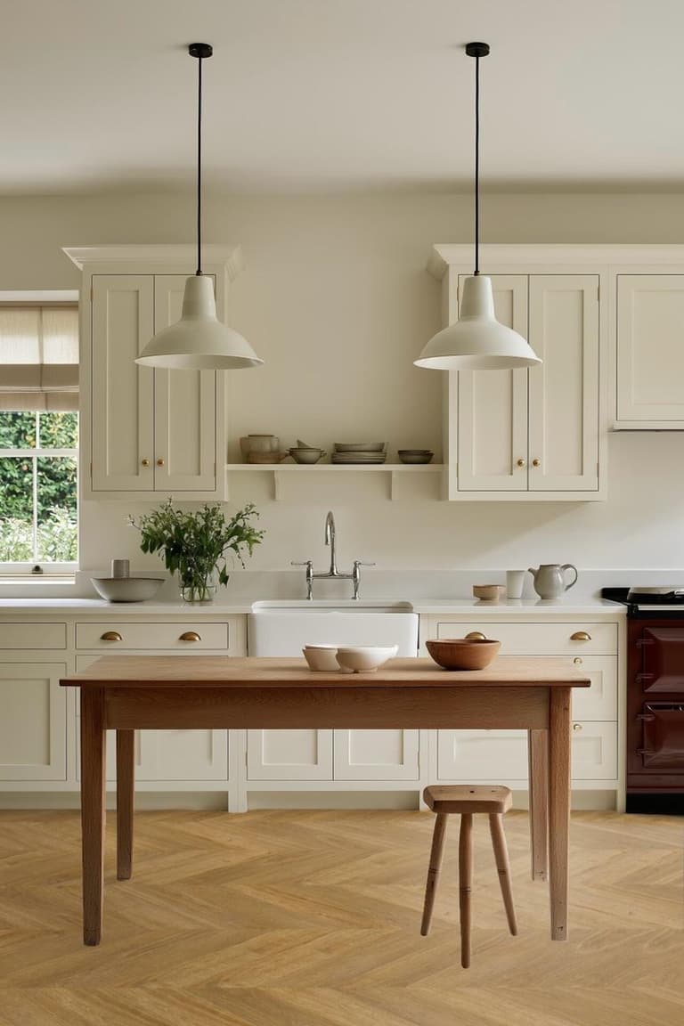 Cuisine cottage blanche avec évier timbre d’office, table en bois, parquet en chevrons et suspensions