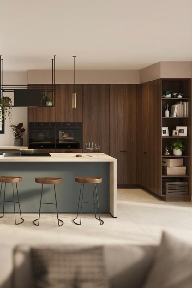Cuisine équipée contemporaine avec façades en bois foncé, îlot gris, plan de travail clair, trois tabourets et fours encastrés