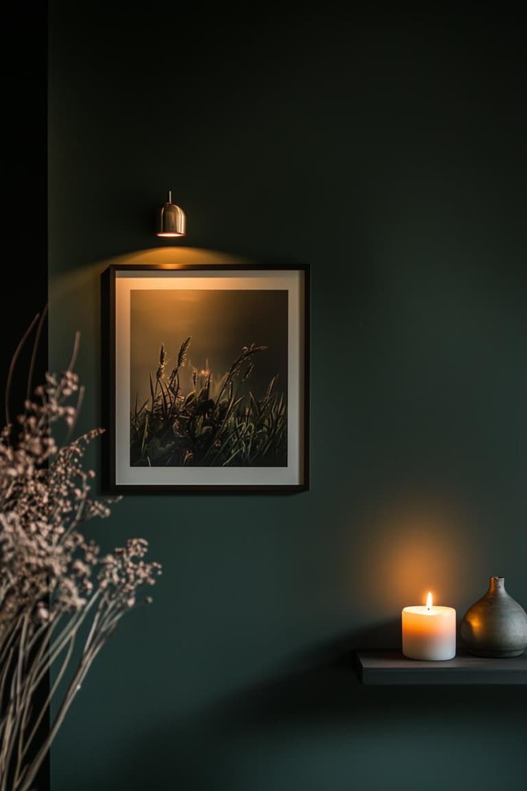 Mur vert foncé avec tableau encadré éclairé par une applique dorée, bougie allumée et vase en céramique