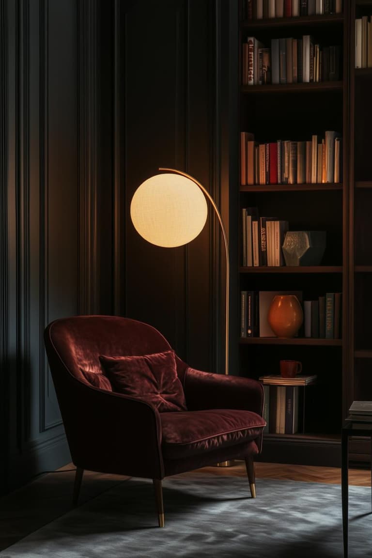 Coin lecture sombre avec fauteuil en velours bordeaux, lampadaire globe allumé et bibliothèque intégrée