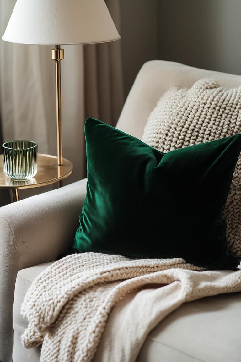 Fauteuil clair avec coussin en velours vert profond, plaid en grosse maille et lampe dorée