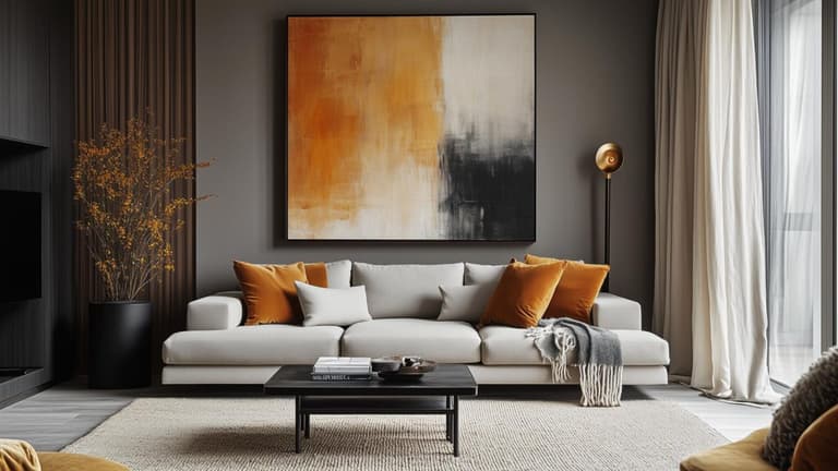 Salon contemporain élégant avec canapé blanc, grand tableau abstrait, coussins ocre, tapis clair et rideaux pleine hauteur