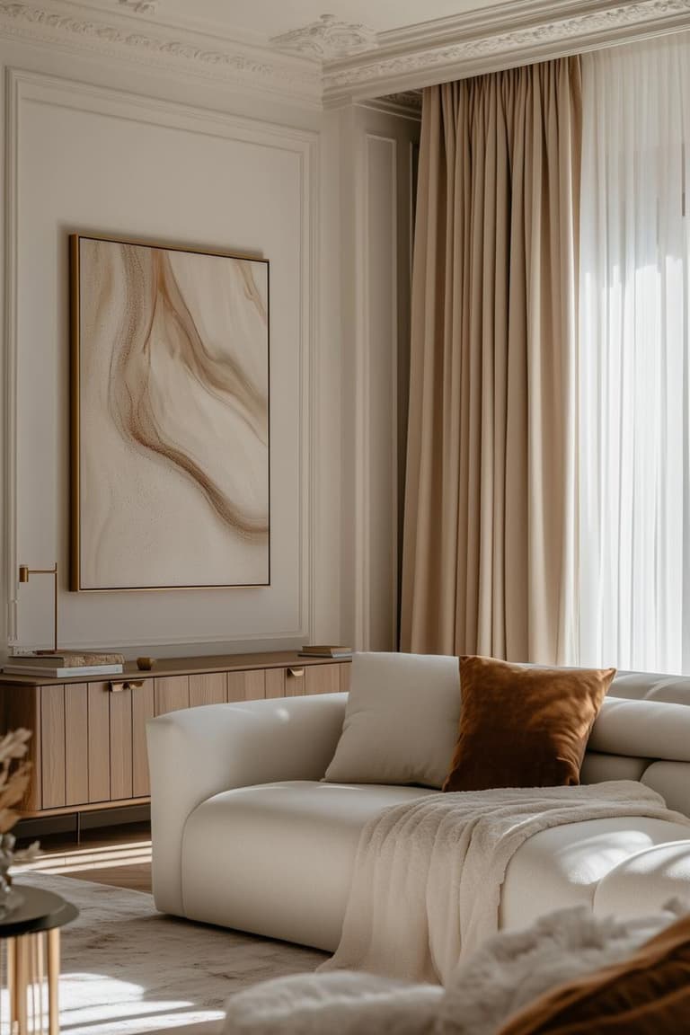 Salon lumineux avec grand tableau abstrait, rideaux beige pleine hauteur, canapé clair et touches de bois