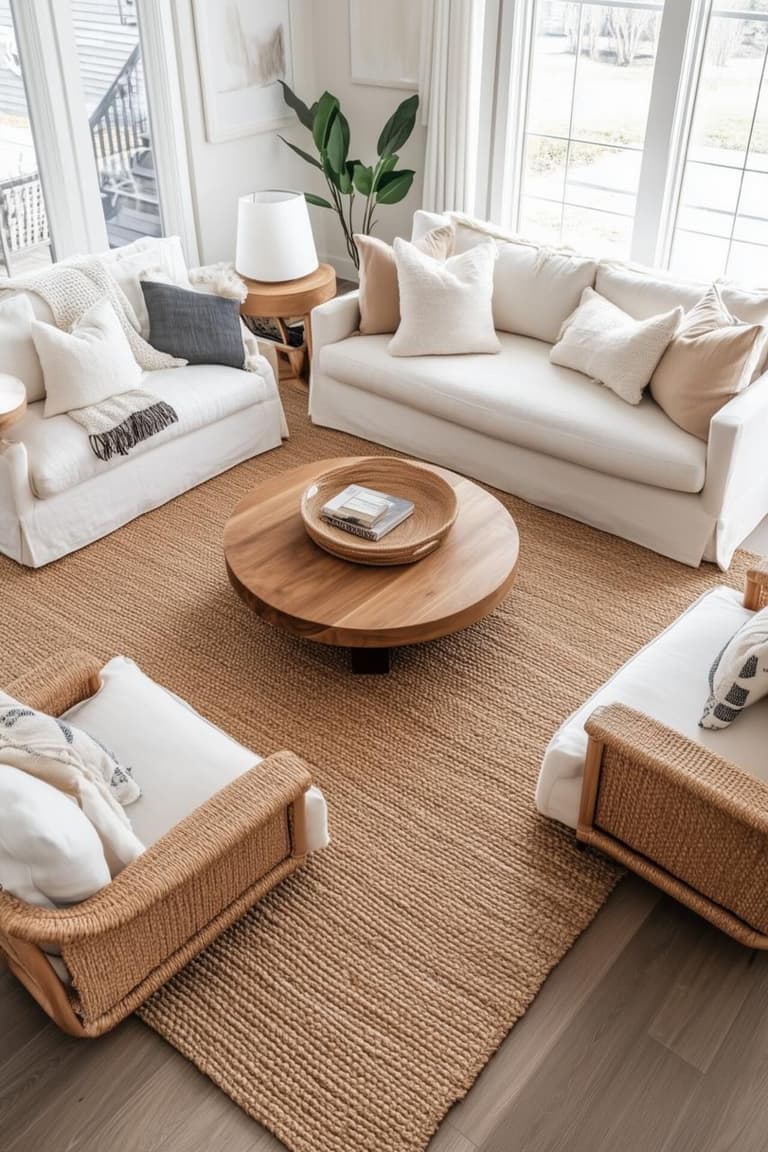 Salon lumineux avec grand tapis en jute, canapés blancs, fauteuils en fibres naturelles et table basse ronde en bois