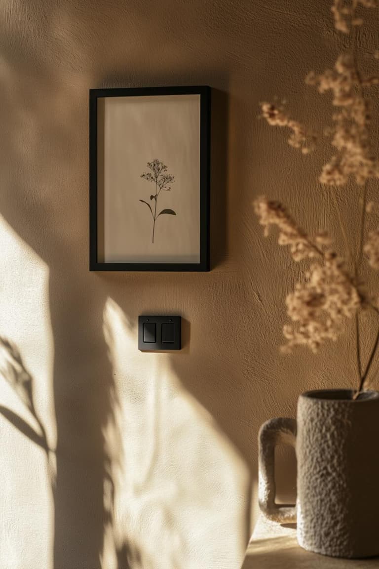 Interrupteur noir mat sous un cadre botanique sur un mur texturé beige avec lumière naturelle et vase en céramique