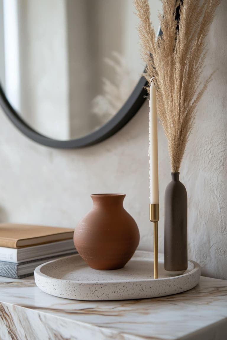Plateau en céramique avec vase terracotta, bougie fine, herbes de pampa et miroir rond noir sur une console effet marbre