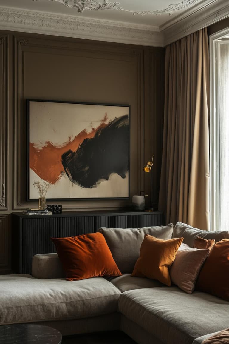 Salon élégant avec grand tableau abstrait, murs moulurés, rideaux épais et coussins terracotta sur canapé beige