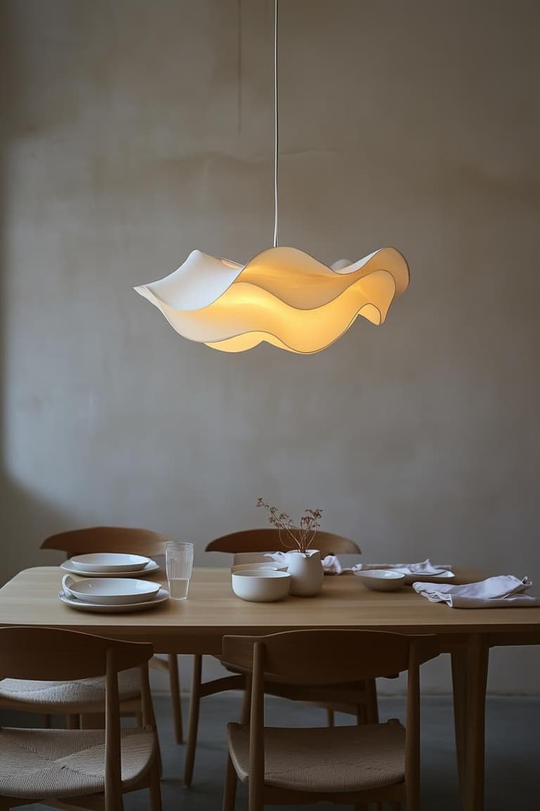 Suspension sculpturale blanche en forme de vague au-dessus d’une table de salle à manger en bois clair