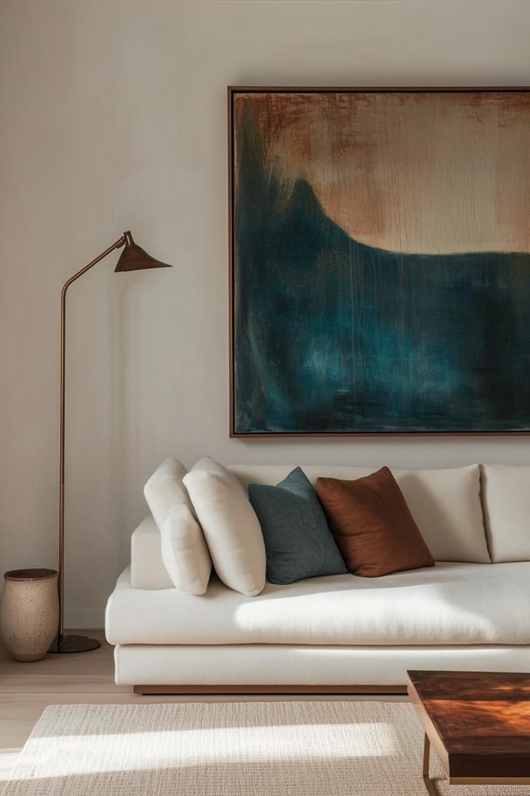 Grand tableau abstrait bleu et terracotta au-dessus d’un canapé blanc avec coussins colorés et lampadaire en métal