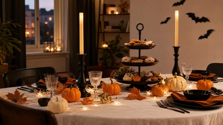 table d'Halloween blanche décorée de petites citrouilles orange, de chandeliers noirs et de feuillages d'automne
