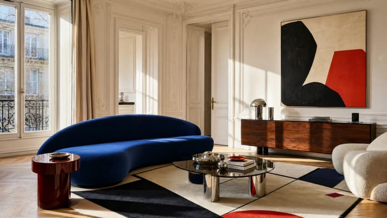 Salon parisien contemporain avec canapé bleu sculptural, table en verre et chrome et tapis géométrique
