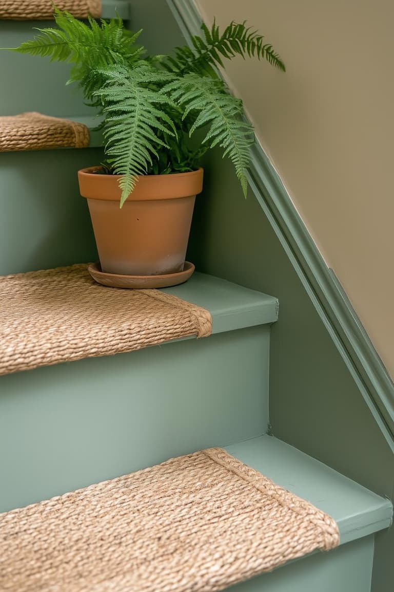 détail d’escalier vert avec tapis en fibres naturelles, fougère en pot et rampe peinte